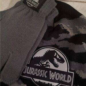 Jurassic World Gray and Black Beanie with Gloves